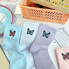 5 Pairs Butterfly Embroidery Socks Mid Tube Stockings