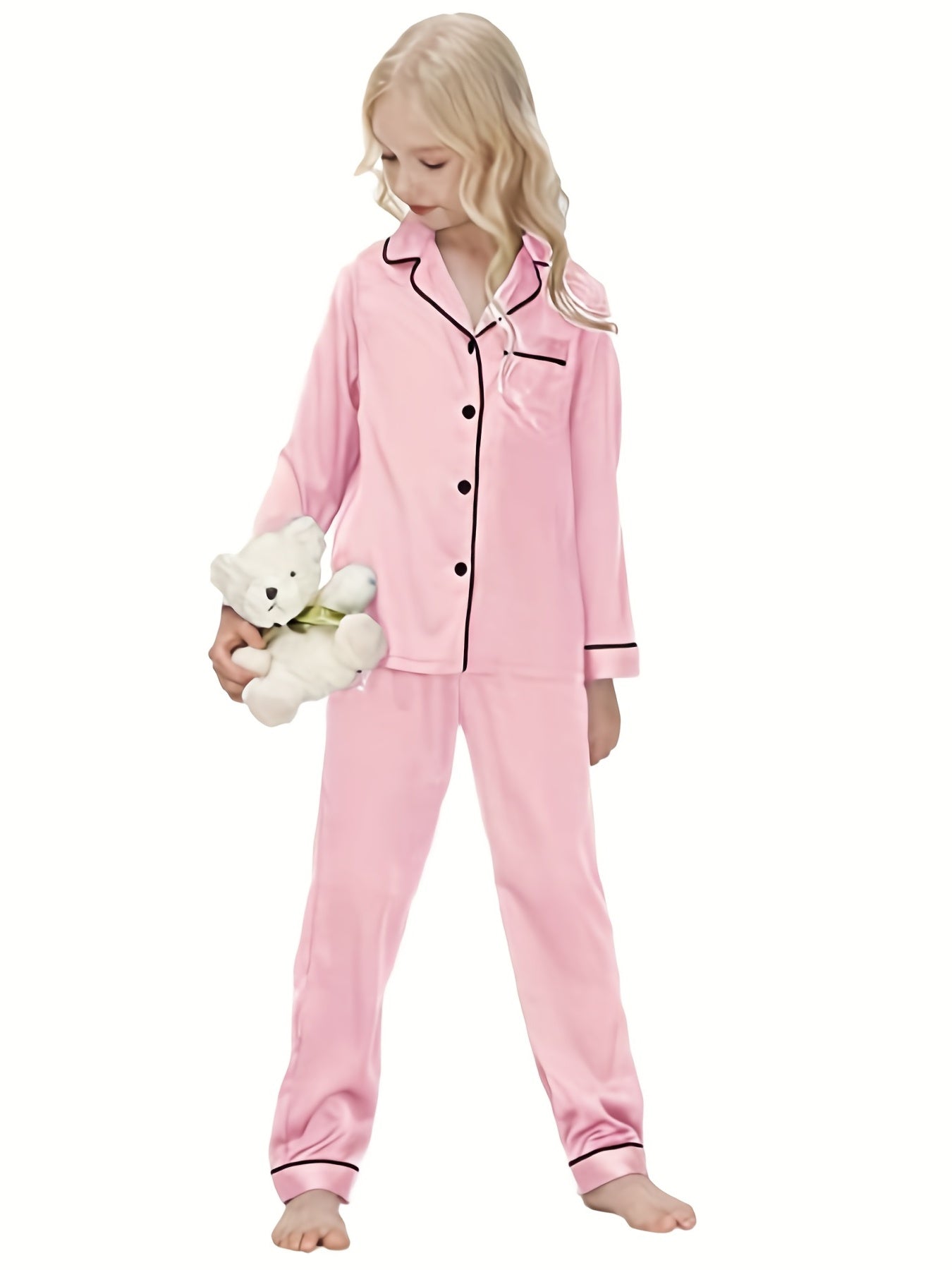 2pcs Kid's Solid Satin Pajamas Button Front Top & Pants Set