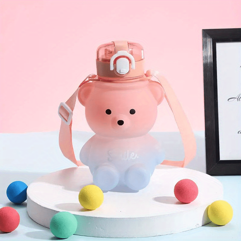 Cartoon Bear Water Bottle 27oz Leak Proof BPA Plastic Straw and Strap