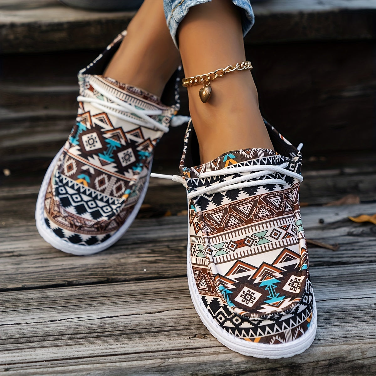 Geometric Printed Lace-up Casual Flat Shoes