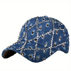 Leopard Rhinestone Denim Baseball Cap with Artificial Diamonds