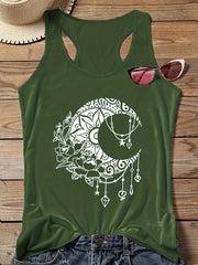  Moon & Floral Print Round Neck Tank Top