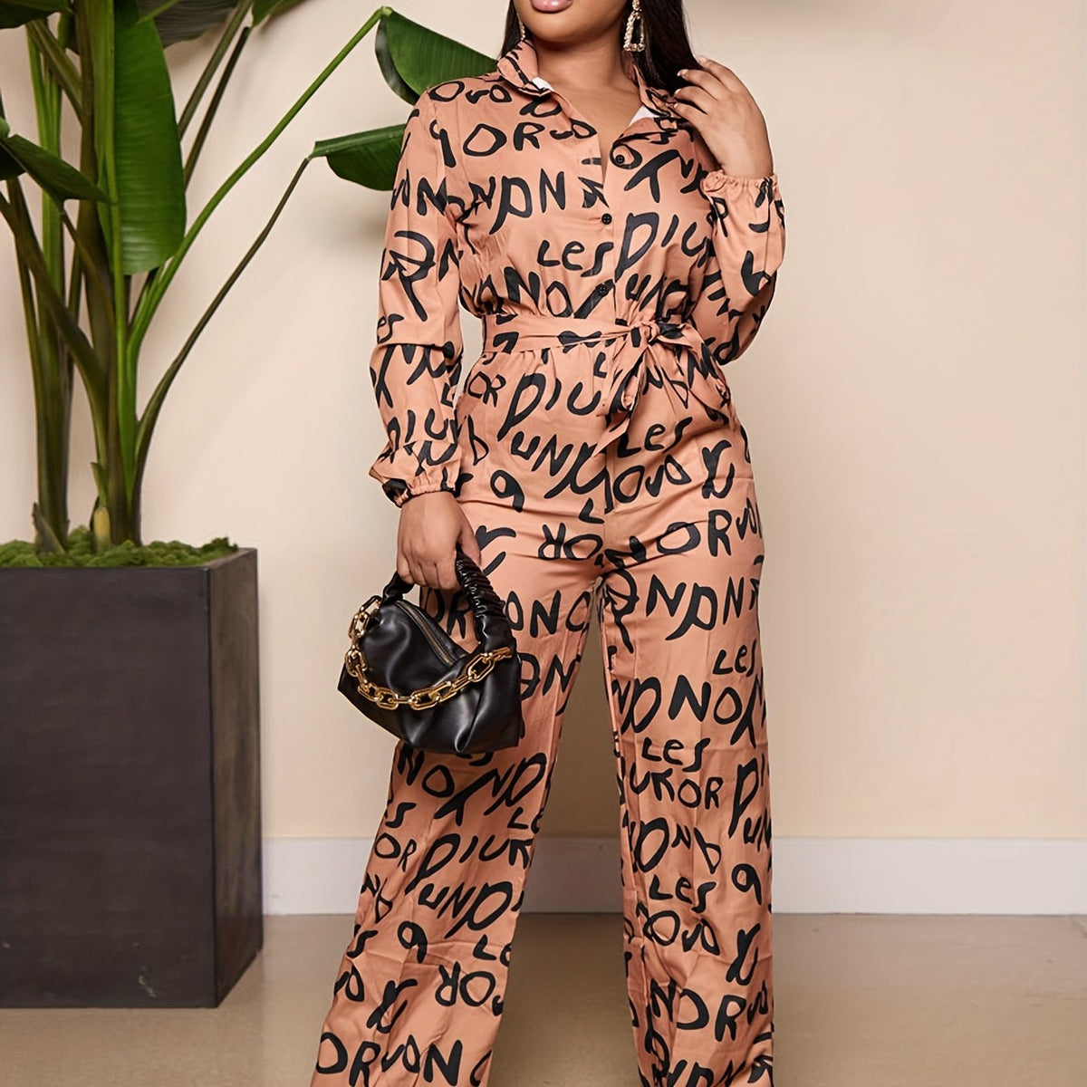 Wide Leg Jumpsuit Long Sleeve Belted Jumpsuit for Women