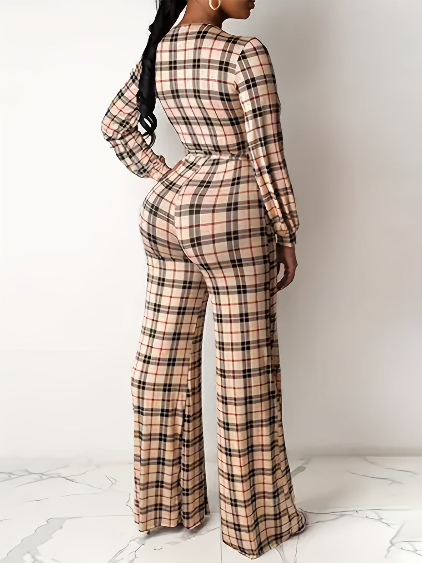  Plaid Print Wide Leg Belted Jumpsuit