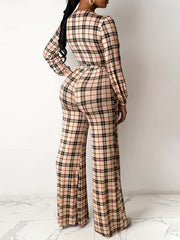  Plaid Print Wide Leg Belted Jumpsuit