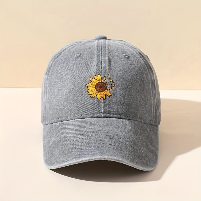 Butterfly Sunflower Print Baseball Cap Denim Washed Dad Hat