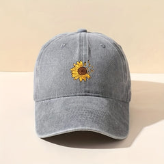 Butterfly Sunflower Print Baseball Cap Denim Washed Dad Hat