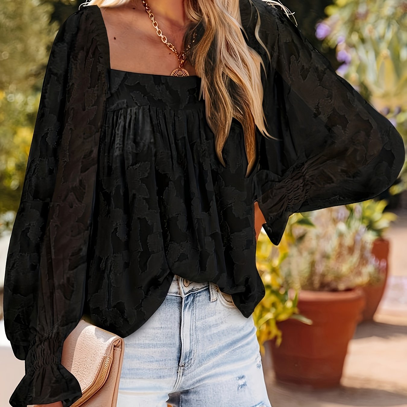  Casual Mesh Flounce Sleeve Blouse