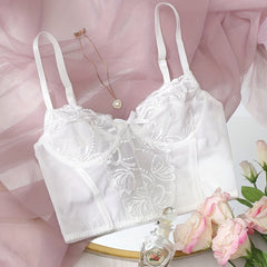 Floral Lace Mesh Corset Bra Push Up Bow Tie Lingerie