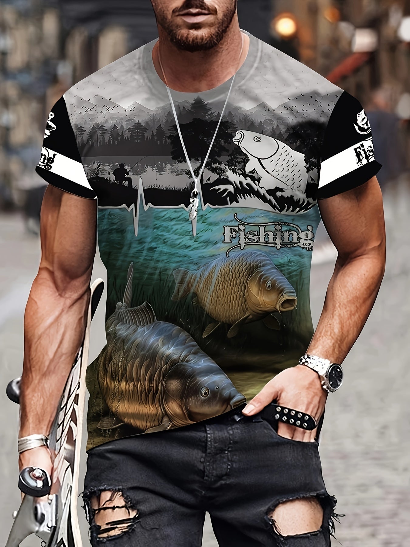Men's 3D Fishing Print Mid Stretch T-shirt for Outdoor Summer