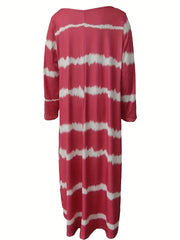 Women's Plus Stripe Print Long Sleeve V Neck Maxi Dress