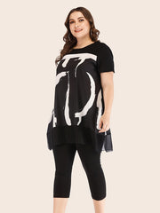  Mesh Graphic Print Top & Bodycon Pants Set Women's Plus Outfit 2 Pcs