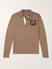Bear Pattern Knit Polo Shirt Men's Casual Lapel Pullover Sweater