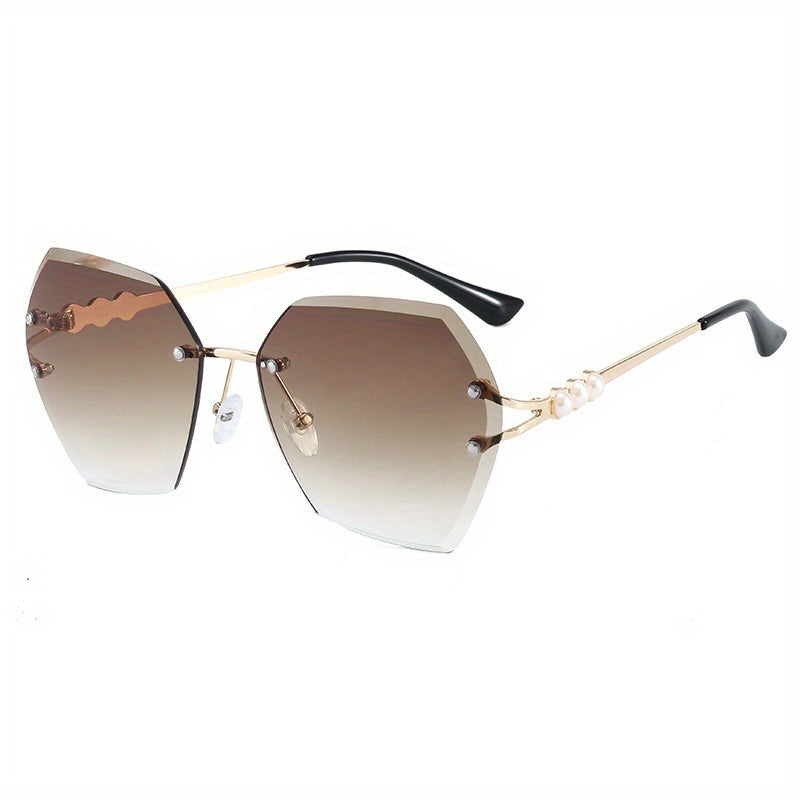 Oversized Rimless Sunglasses Ombre Lens Glasses Faux Pearl Metal Temple UV400