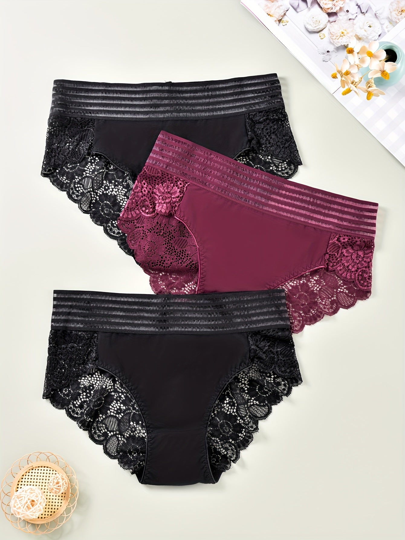 3 Pack Plus Size Lace Striped High Waist Briefs Set