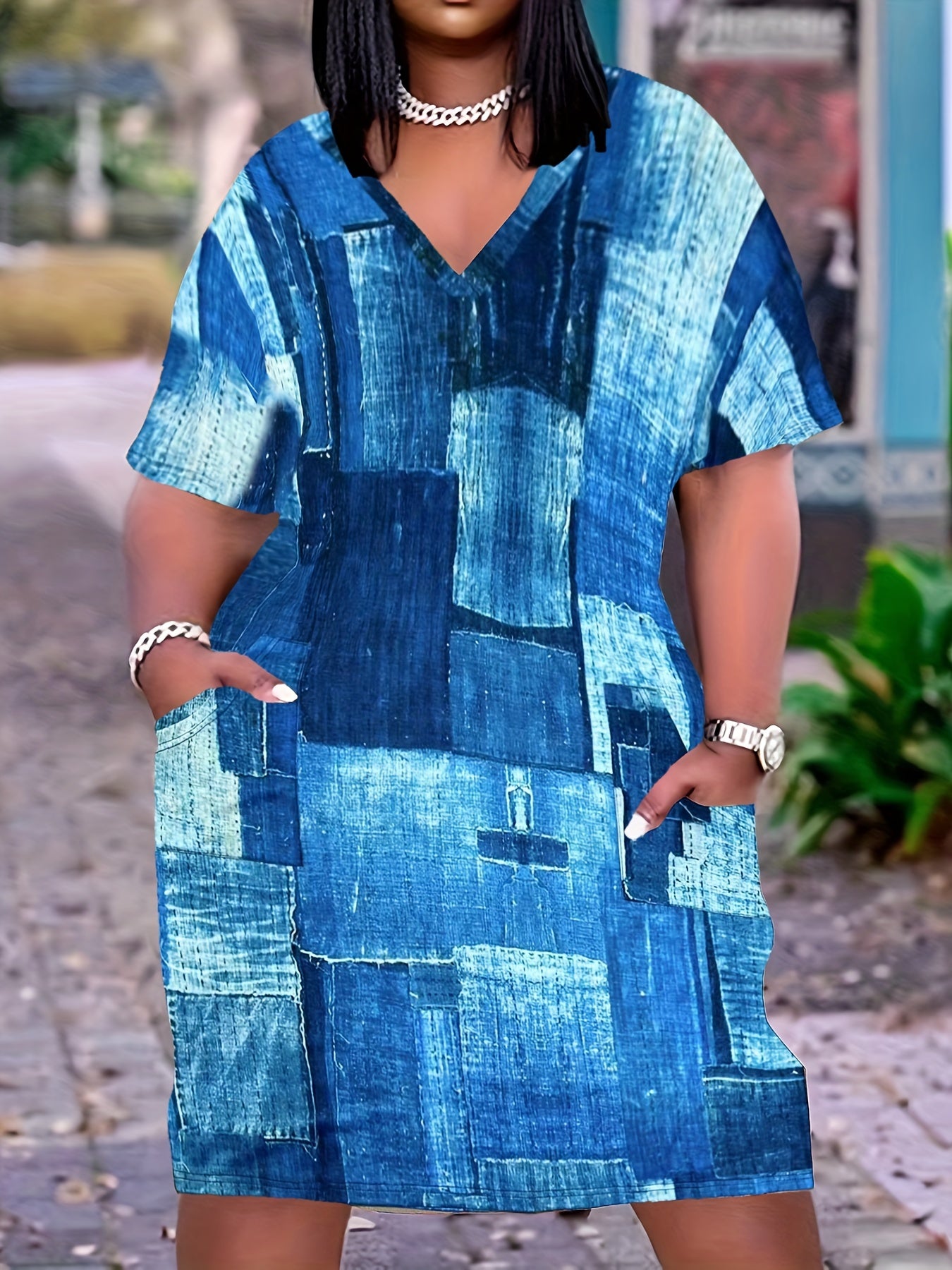  Denim Print Short Sleeve V Neck Dress With Pockets