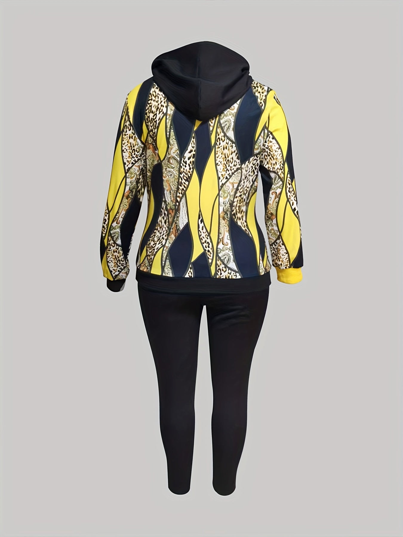  Colorblock Leopard Print Hooded Sweatshirt & Pants Set