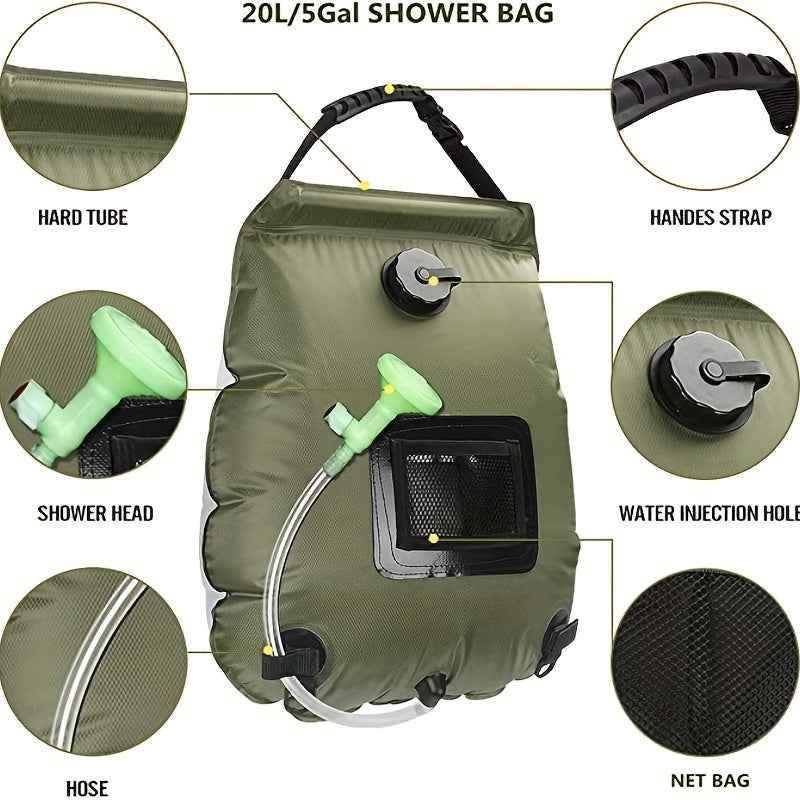 5 Gallon Solar Heated Camping Shower Bag Portable Bath Bag with Removable Hose
