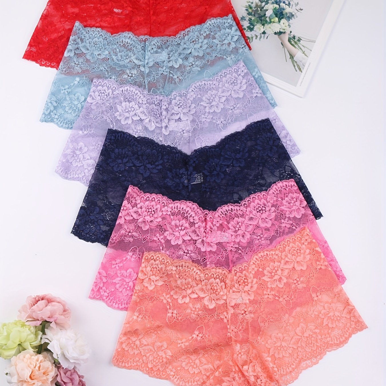6pcs Floral Lace Boyshort Panties Soft & Comfortable Women's Lingerie