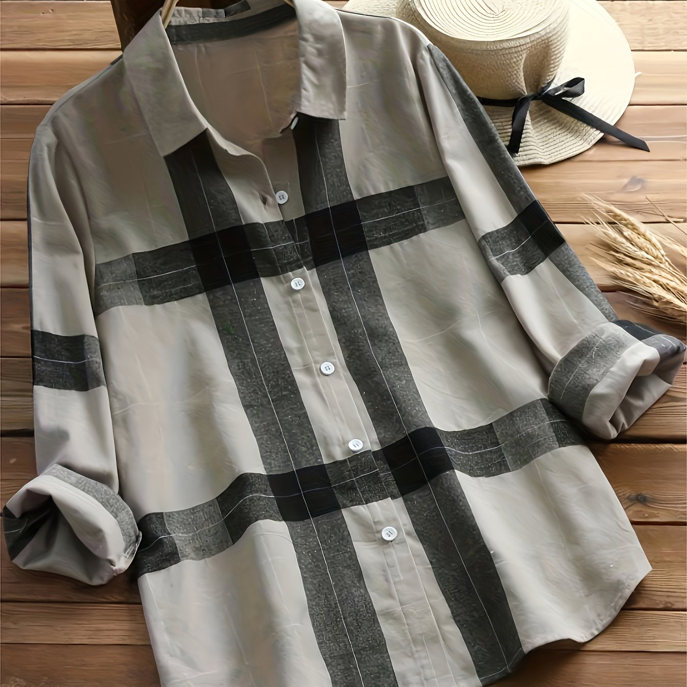  Plaid Print Button Up Long Sleeve Blouse