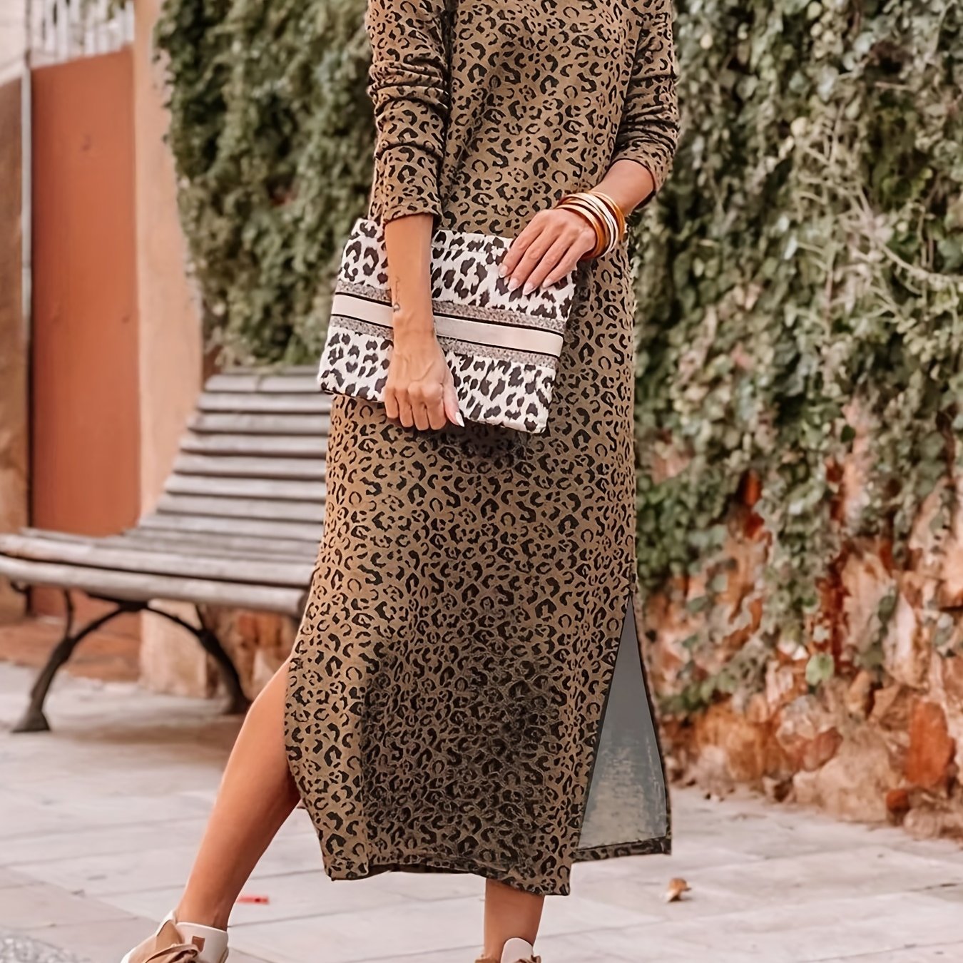  Leopard Print Long Sleeve Maxi Dress