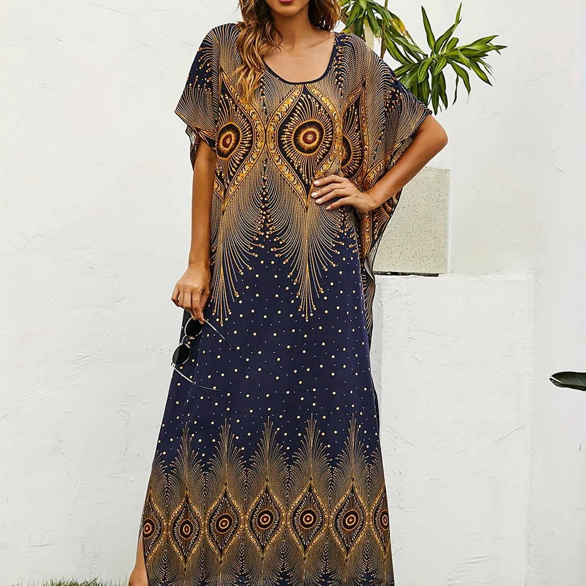  Boho Kaftan Dress Women's Plus Tribal Print Bat Sleeve