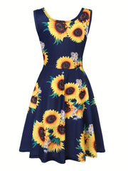  Sunflower Print Stretch Tank Dress