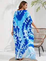  Tie Dye Batwing Sleeve V Neck Maxi Cover Up Dress