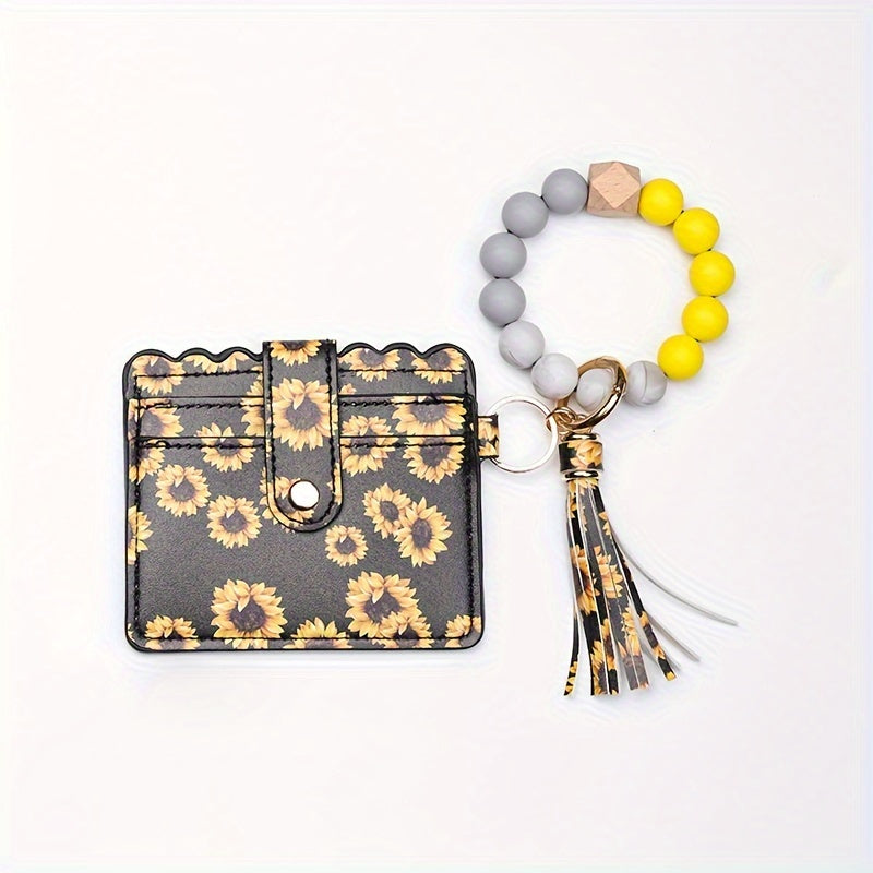 Leopard Print Tassel Wallet Keychain Silicone Beaded Bracelet