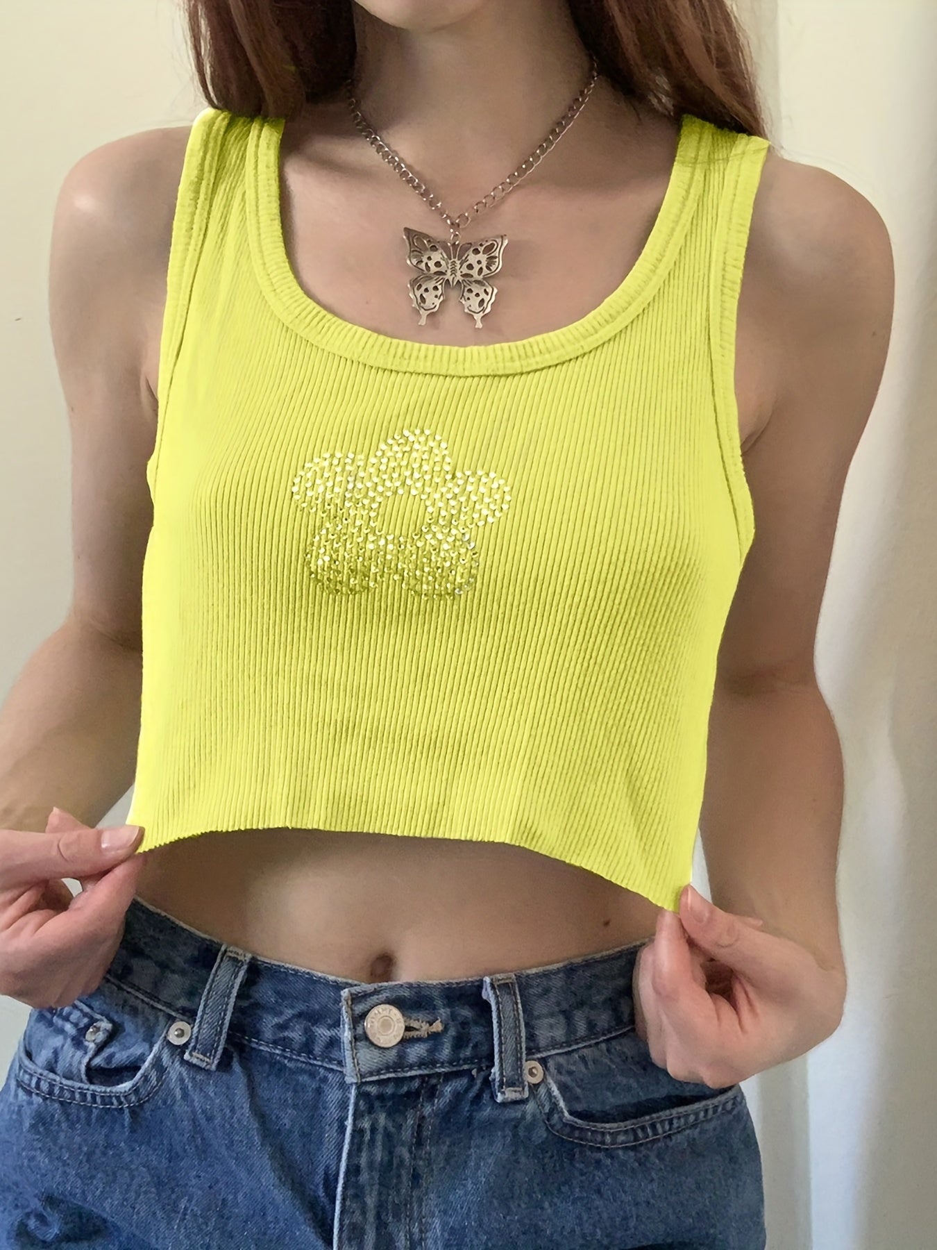 Rhinestone Tank Top Crew Neck Sleeveless Summer Women's Clothing