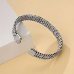 Stainless Steel Braided Flat C Open Bracelet Men Women