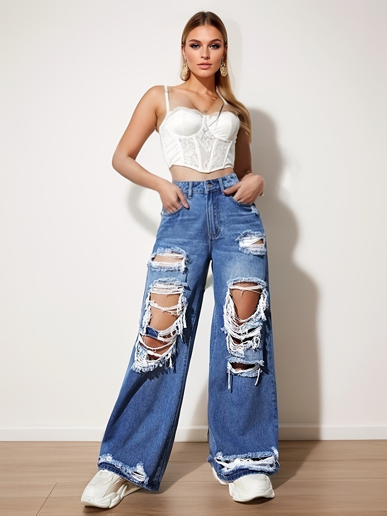Distressed Straight Leg Jeans High Rise Wide Legs