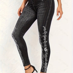  Floral Denim Print Leggings High Rise Medium Stretch
