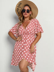  Dot Print Layered Bell Sleeve V Neck Midi Dress Women's Plus