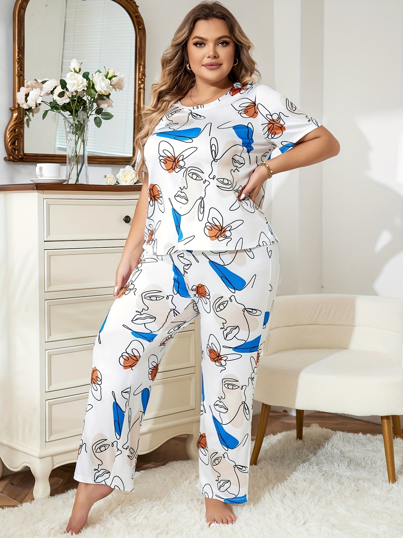  Abstract Figure & Butterfly Print Loungewear Set