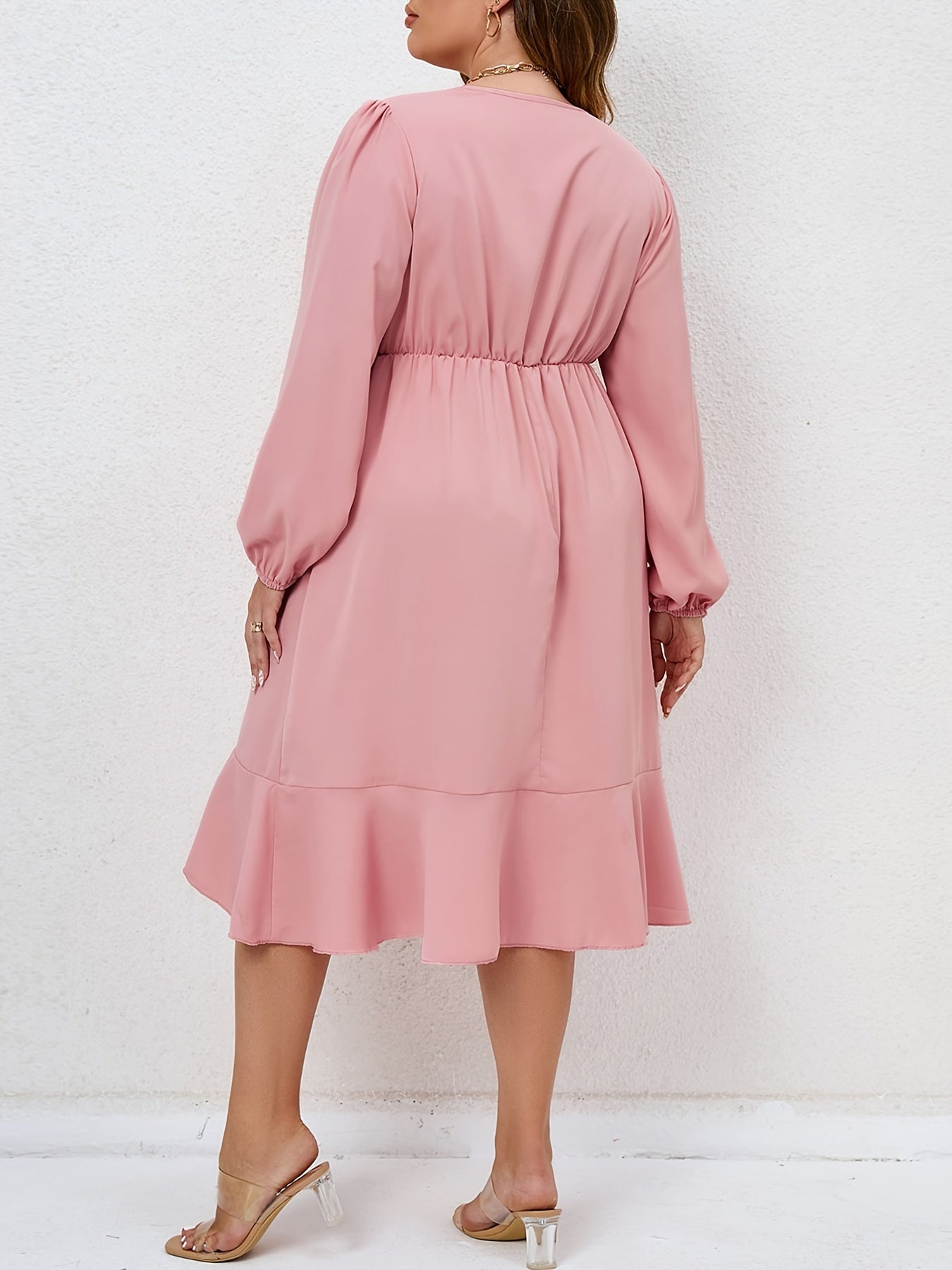 Plus Size Ruffle Trim Lantern Sleeve Midi Dress