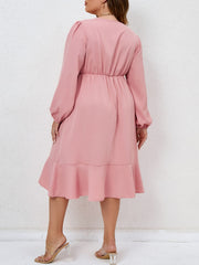 Plus Size Ruffle Trim Lantern Sleeve Midi Dress