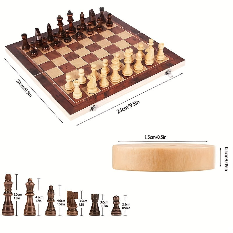 3 in 1 Chess Checkers Backgammon Set Wooden Classic Chess Pieces Board Case
