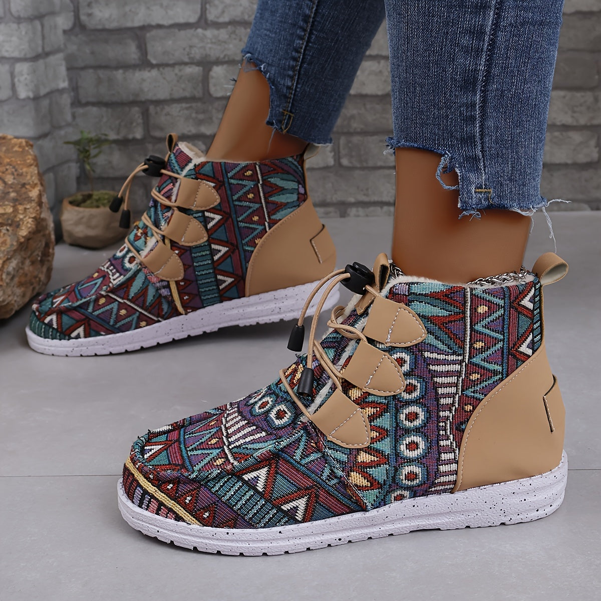 Retro Floral Pattern Round Toe Thickened Warm Autumn And Winter Boots