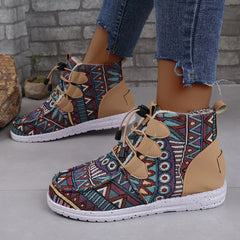 Retro Floral Pattern Round Toe Thickened Warm Autumn And Winter Boots