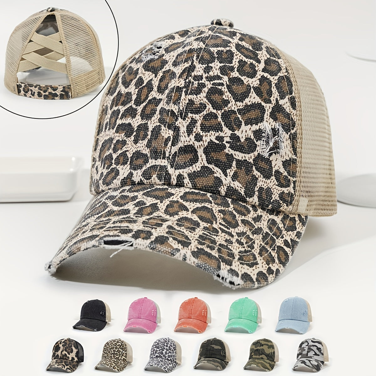 Leopard Print Ponytail Trucker Hat Dad Cap for Women