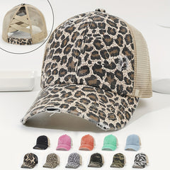Leopard Print Ponytail Trucker Hat Dad Cap for Women