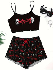  Gothic Skull & Letter Print Pajama Set