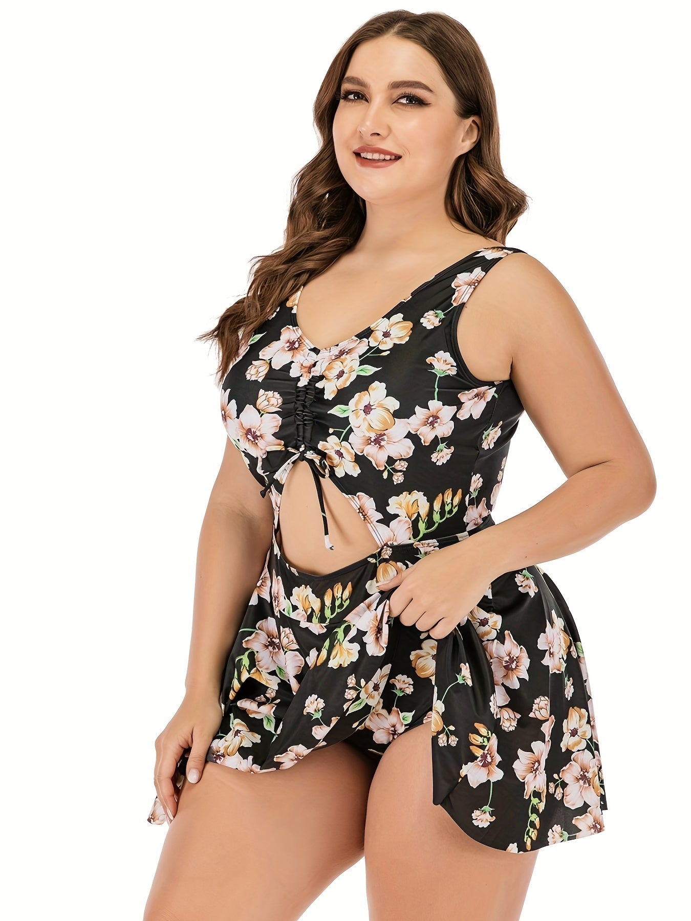  Floral One Piece Swimsuit with Cut Out Drawstring