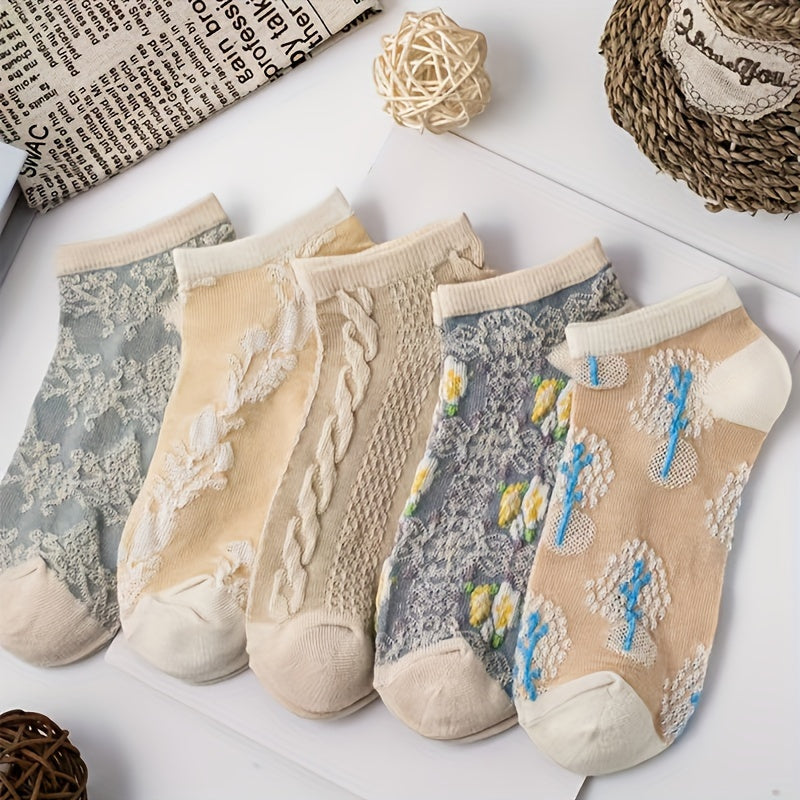 9 Pairs Floral Print Socks Retro Court Style Low Cut Ankle Socks
