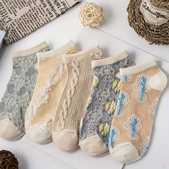 9 Pairs Floral Print Socks Retro Court Style Low Cut Ankle Socks