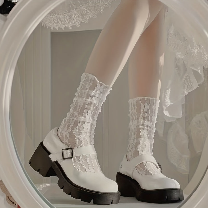Lace Mesh Socks Floral Design Mid Tube Stockings