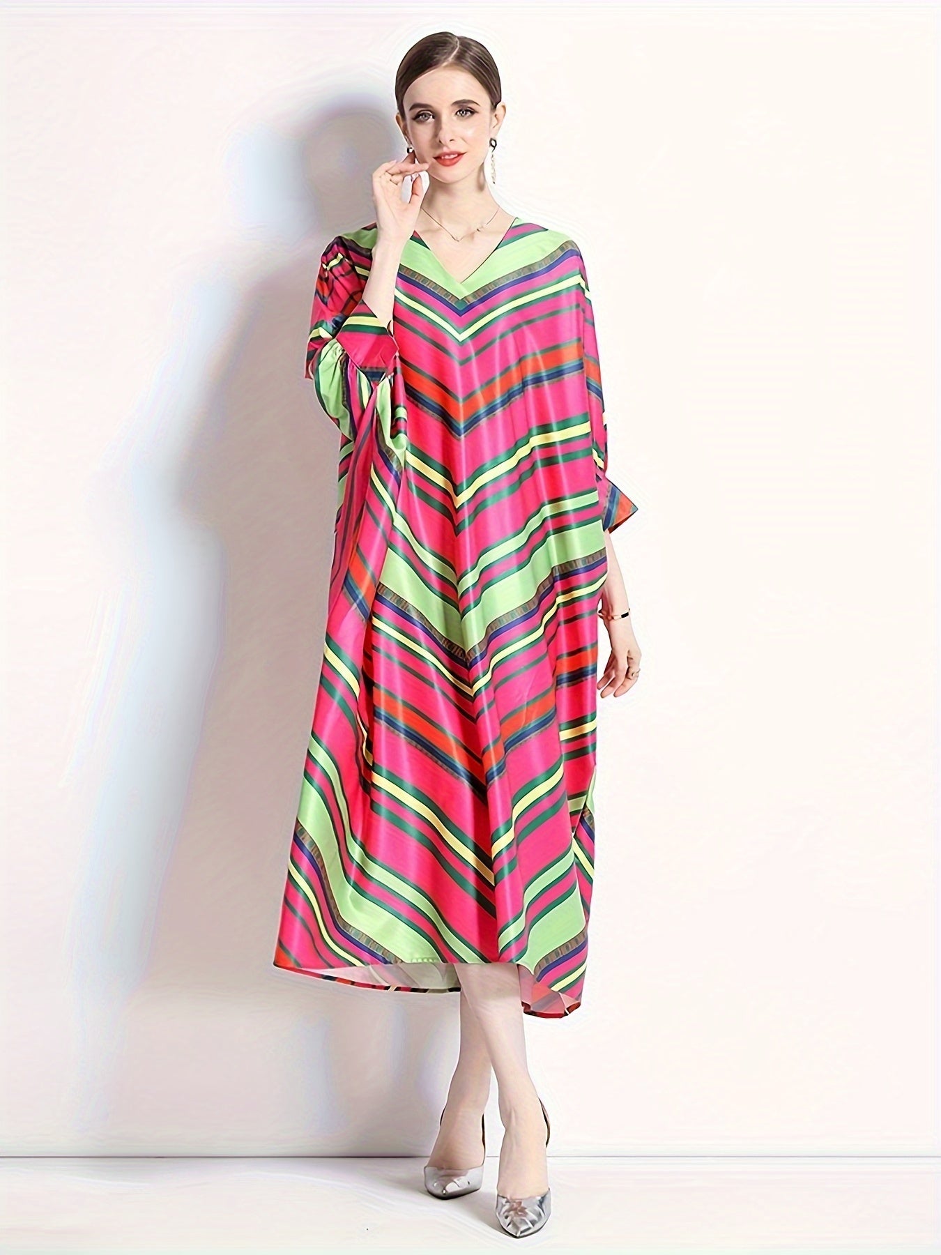  Colorblock Stripe Print V Neck Midi Dress