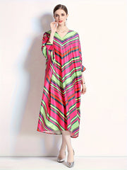  Colorblock Stripe Print V Neck Midi Dress