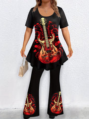  Gothic Guitar Print Top & Flared Pants Set